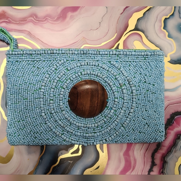 Beaded Handbags - Blue Beaded Wristlet Purse with Exotic Rose Wood Center Spiral Design NWOT